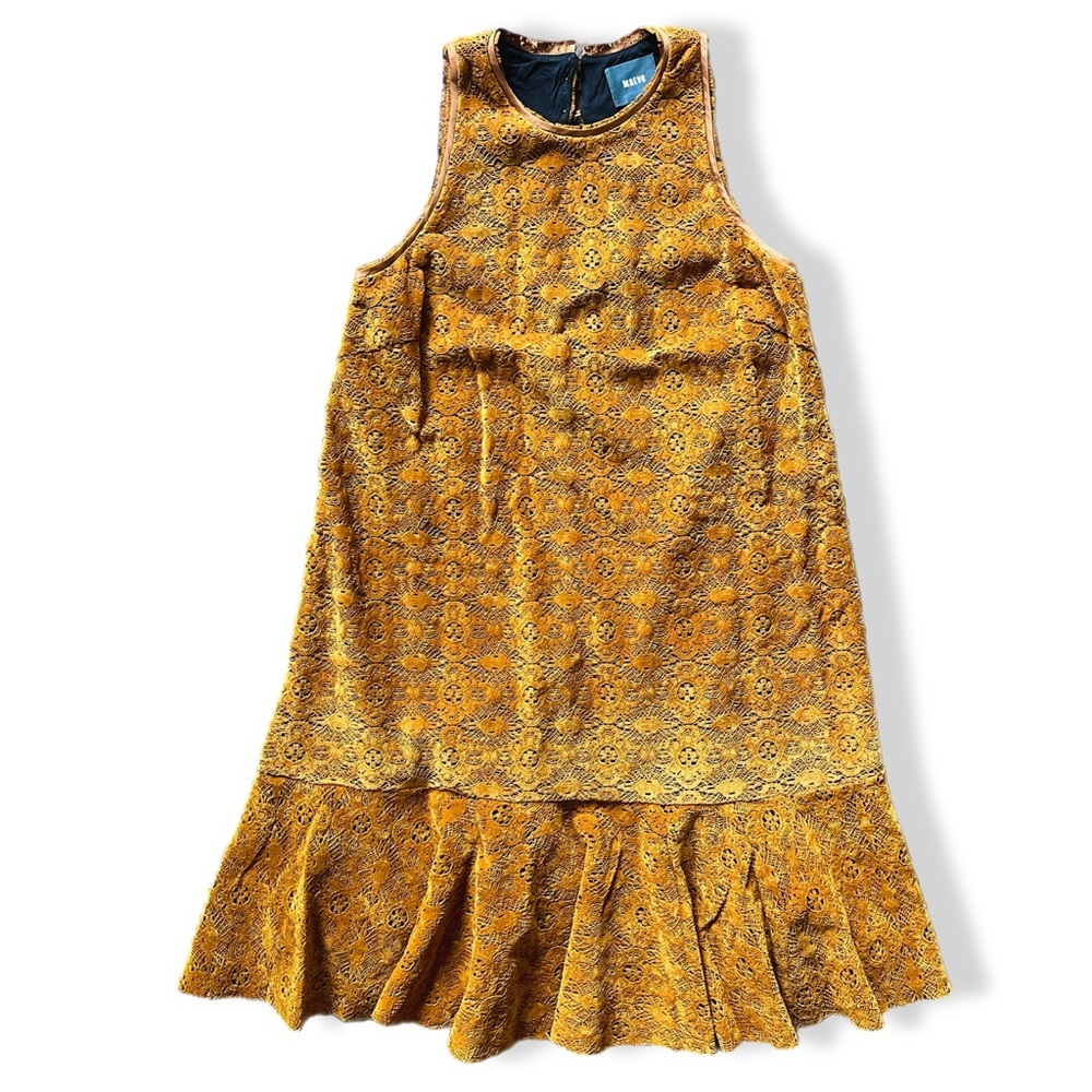 Anthropologie Maeve Amis A-Line Velvet Lace Golden Yellow Boho Mini Dress